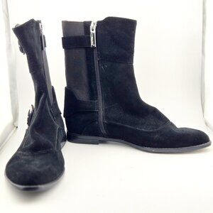 Calvin Klein Black Suede Flat Boots | Sz 7M | Tatiana Side Zip Buckle